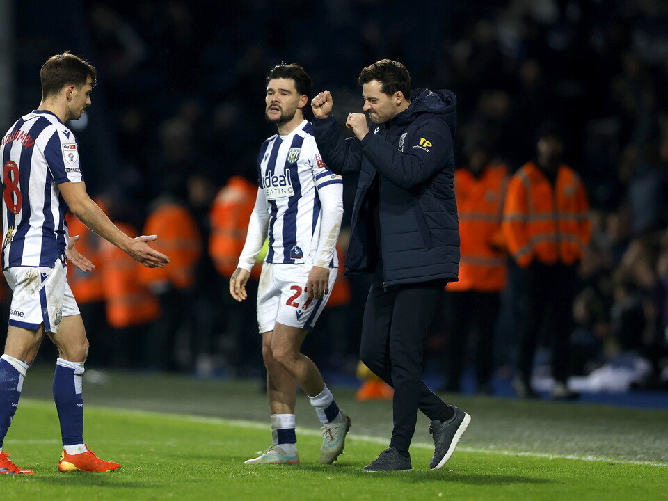 Jayson Molumby and Ryan Mason celebrating Albion's win over Swansea