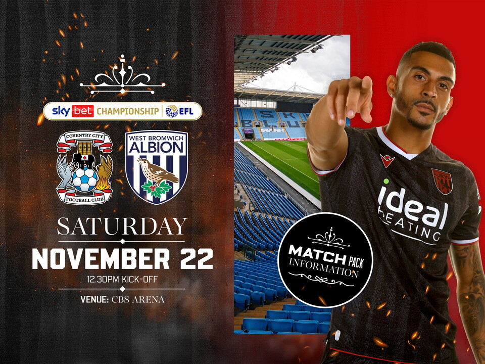 Away match pack graphic in black colours for Coventry game with both club badges on, an image of the CBS Arena and Karlan Grant in the black kit smiling and pointing at the camera  