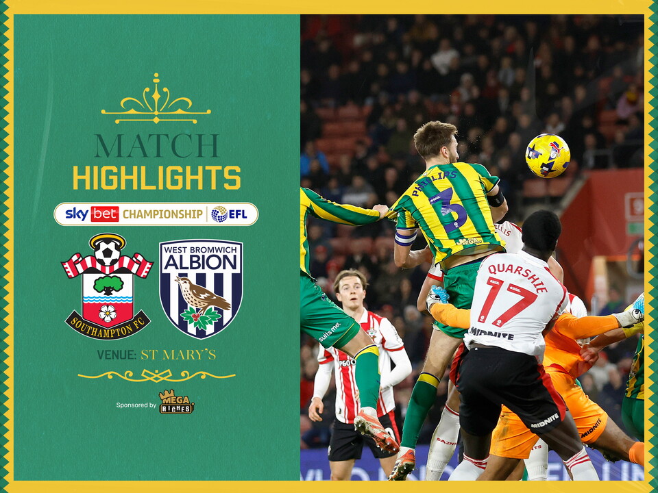 A match highlights graphic in the 2025/26 yellow and green away colours, showing the badges of Southampton and Albion