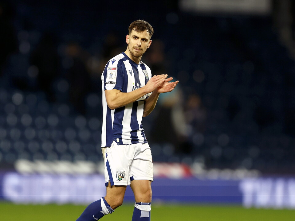 Jayson Molumby applauding WBA fans after beating Sheffield United