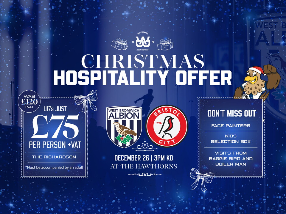 A graphic displaying a Christmas hospitality offer for Albion's game against Bristol City