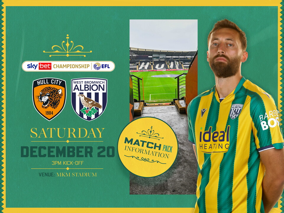 Away match pack graphic in green and yellow colours for Hull game with both club badges on, an image of the MKM Stadium and Nat Phillips in the green and yellow kit staring at the camera 