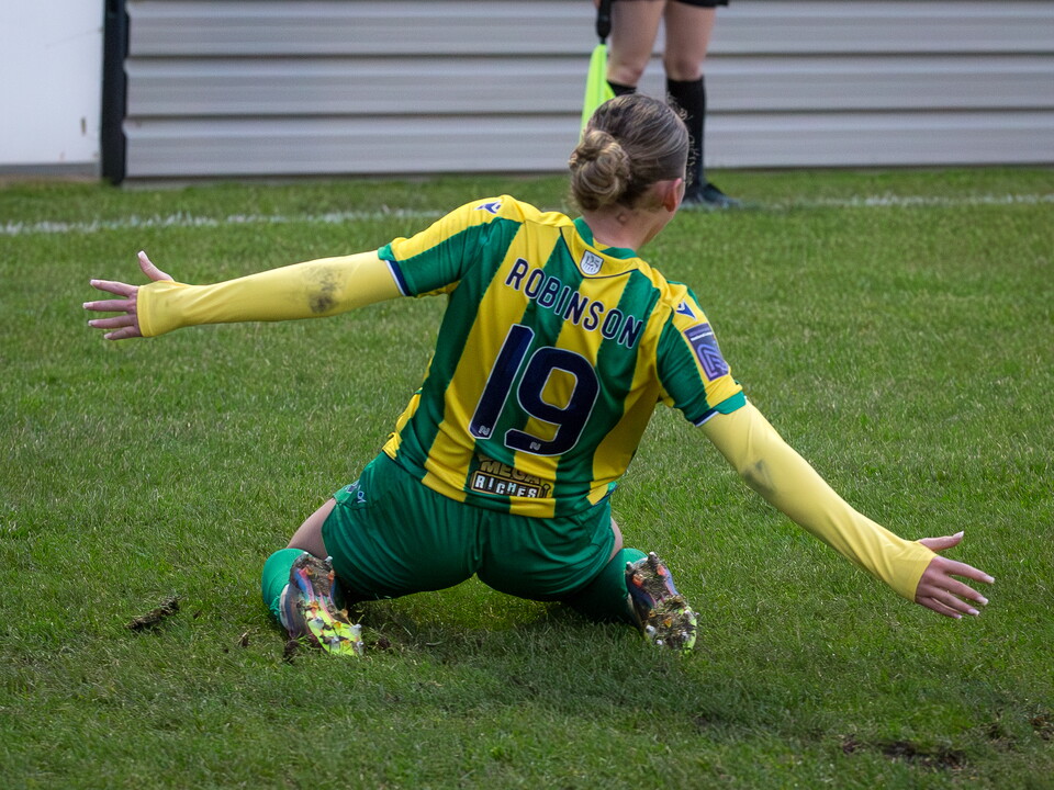 Monique Robinson celebrates her goal against Leeds.