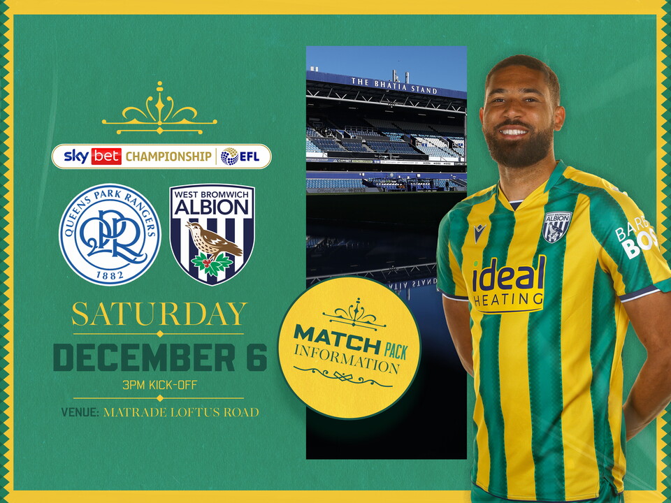 Away match pack graphic in green and yellow colours for QPR game with both club badges on, an image of MATRADE Loftus Road and George Campbell in the green and yellow kit smiling at the camera  