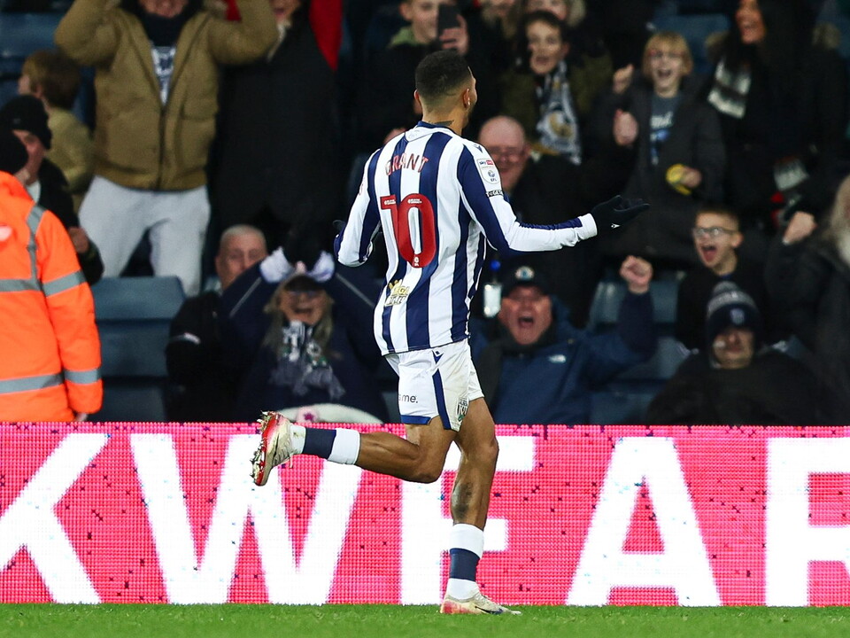 Karlan Grant celebrates scoring against Sheffield United 