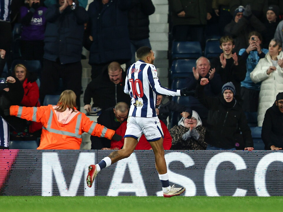 Karlan Grant celebrates scoring against Sheffield United 