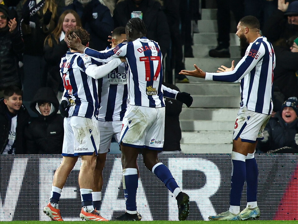 Karlan Grant celebrates scoring against Sheffield United with team-mates