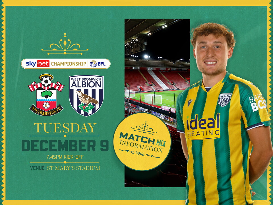 Away match pack graphic in green and yellow colours for Southampton game with both club badges on, an image of St Mary's Stadium and Callum Styles in the green and yellow kit smiling at the camera