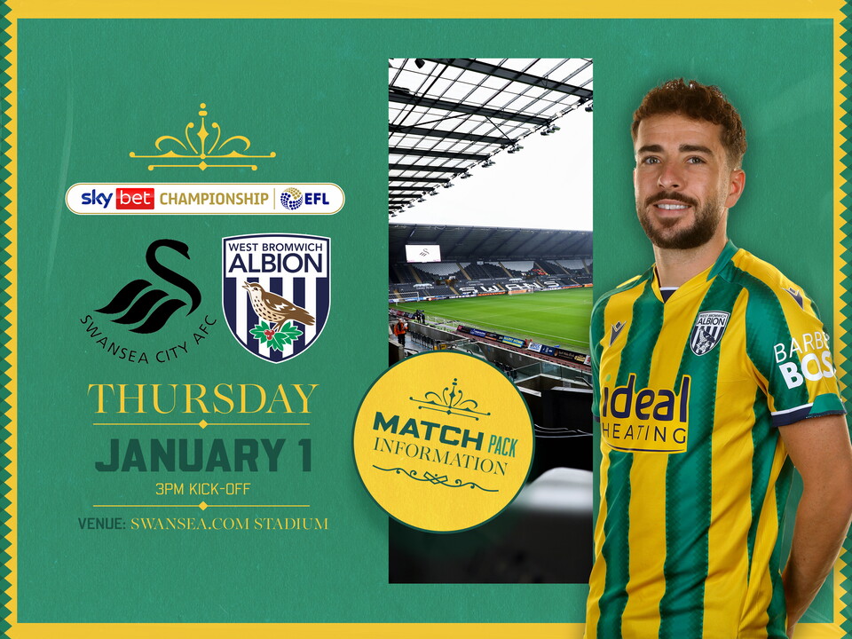 Away match pack graphic in green and yellow colours for Swansea game with both club badges on, an image of the Swansea.com Stadium and Mikey Johnston in the green and yellow kit smiling at the camera 