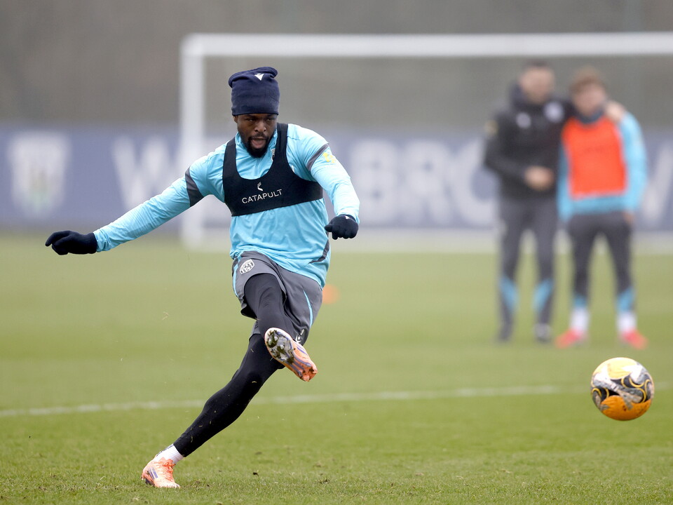Josh Maja taking a shot during training 