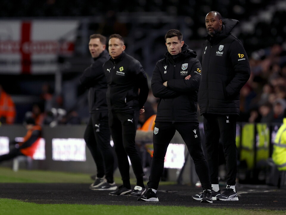 Eric Ramsay and his coaching staff on the side of the pitch at Derby