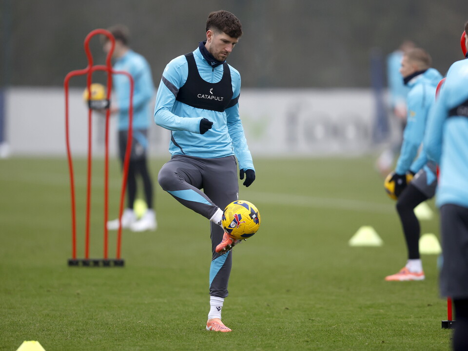 Chris Mepham on the ball during training 