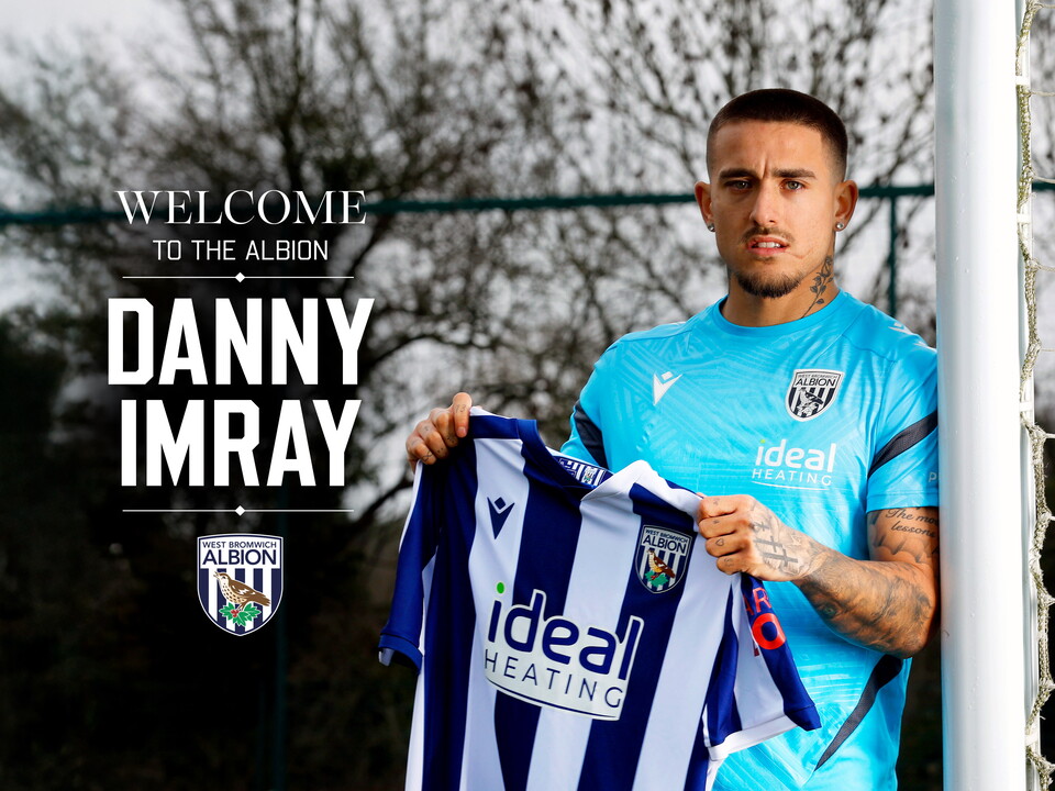 Danny Imray's signing graphic with an image of his smiling at the camera while holding up a home WBA shirt