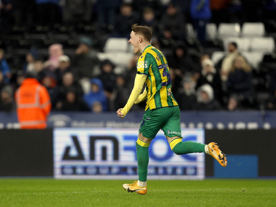 Ollie Bostock celebrates against Swansea.
