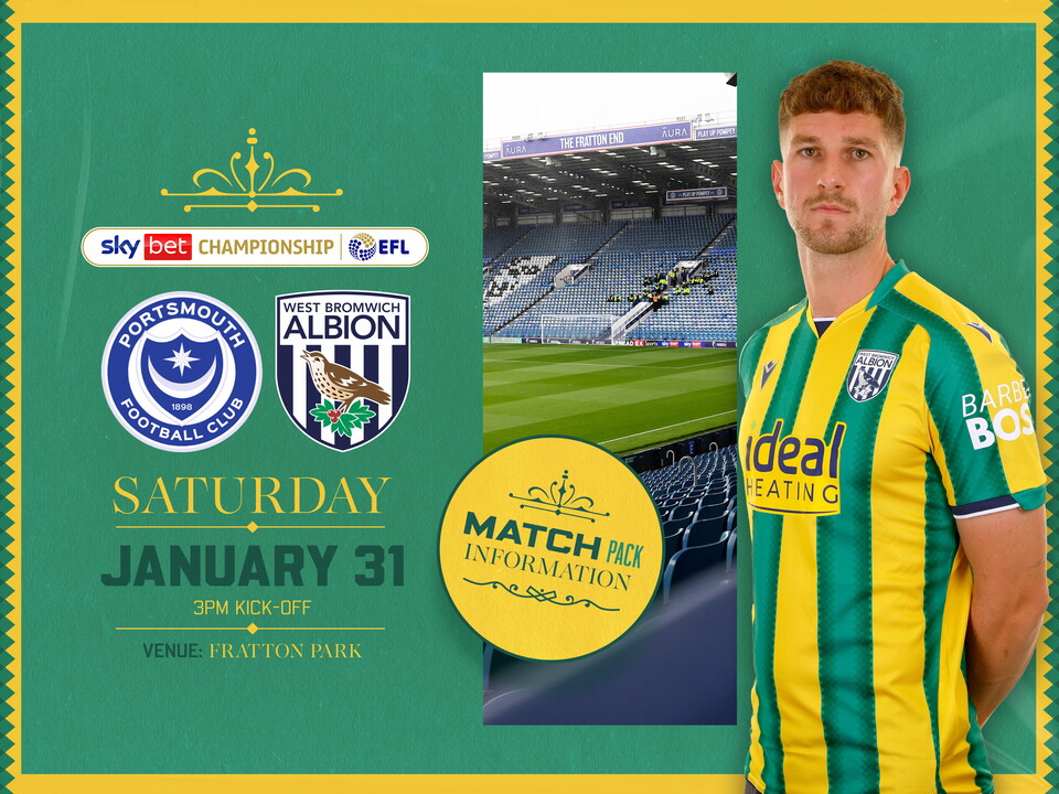 Away match pack graphic in green and yellow colours for Portsmouth game with both club badges on, an image of Fratton Park and Chris Mepham in the green and yellow kit smiling at the camera  