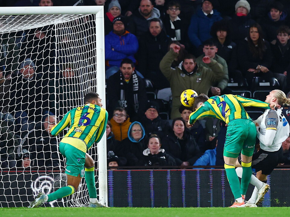 Chris Mepham scoring a header at Derby