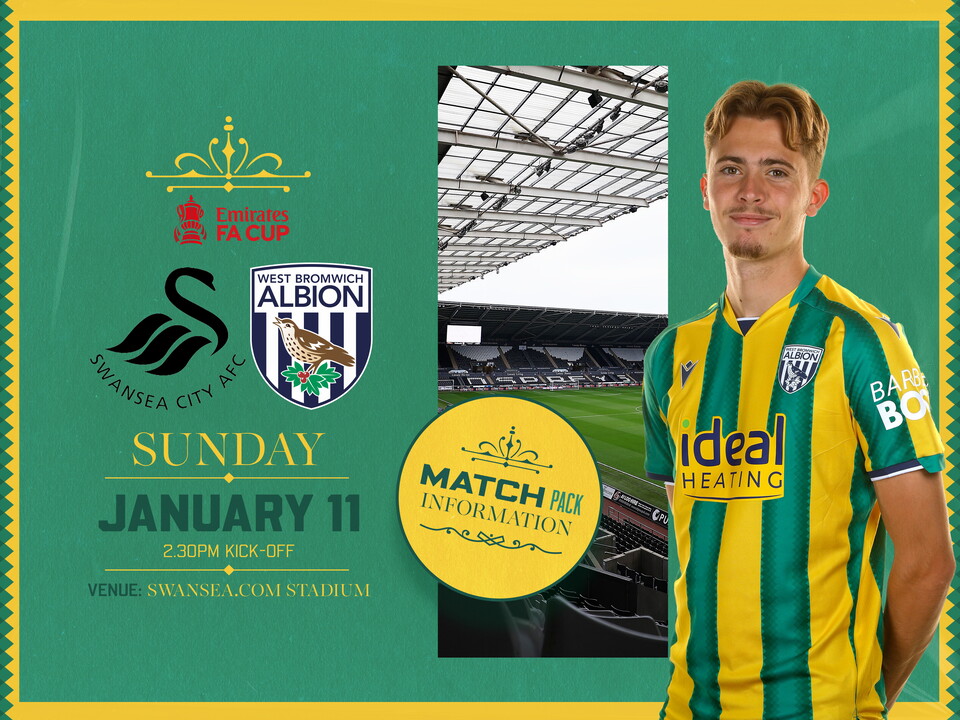 Away match pack graphic in green and yellow colours for Swansea game with both club badges on, an image of the Swansea.com Stadium and Isaac Price in the green and yellow kit smiling at the camera  