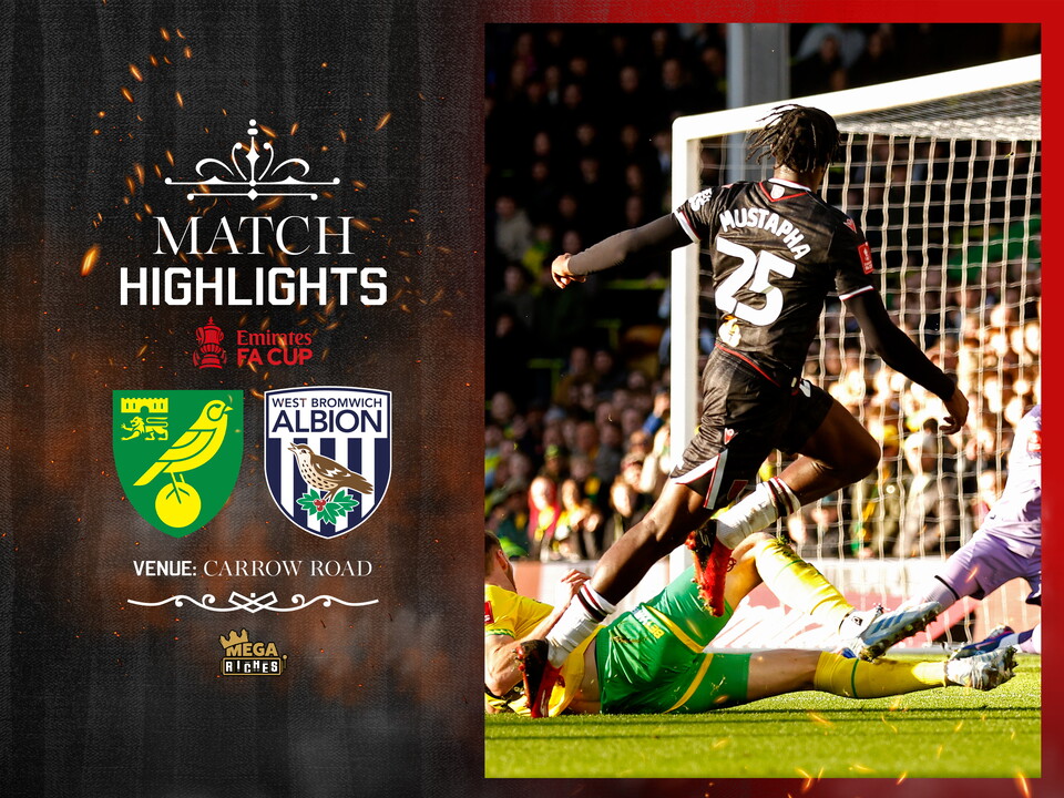 A match highlights graphic, in the 2025/26 black away colours, showing the badges of Norwich, Albion and the FA Cup logo