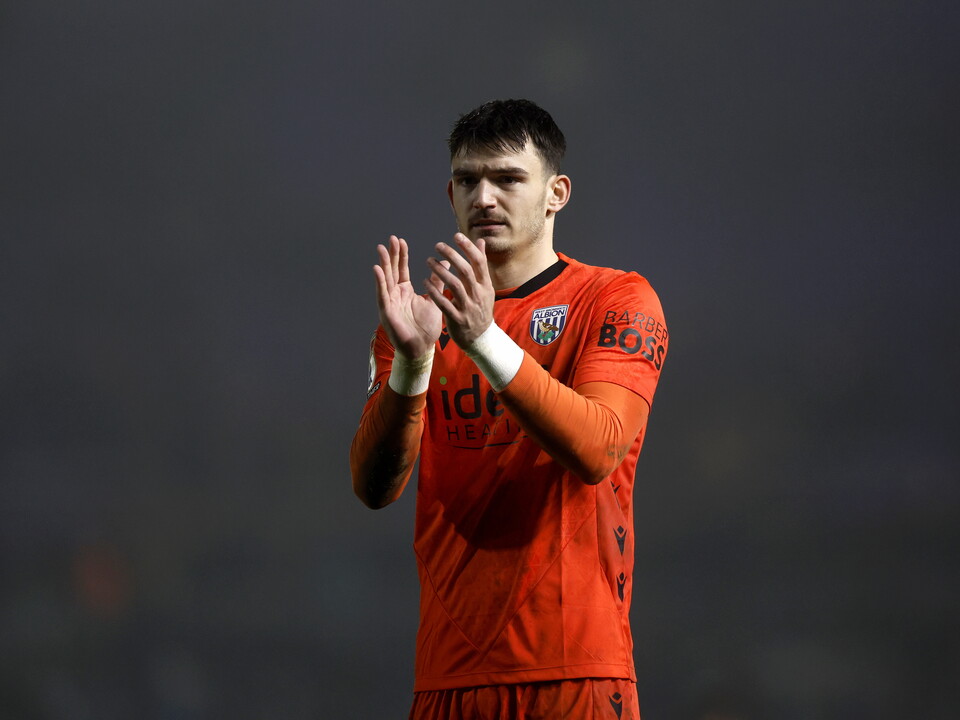 Max O'Leary applauding WBA fans after the draw at Birmingham 