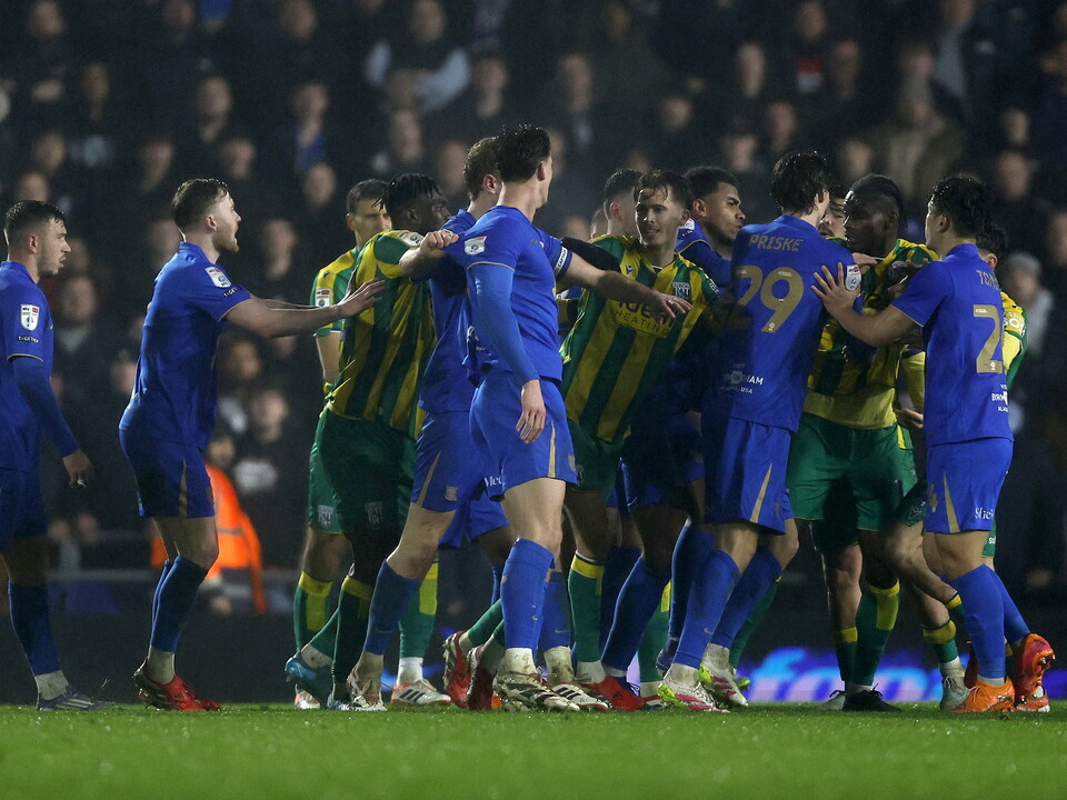 WBA and Blues players argue, push and shove each other 
