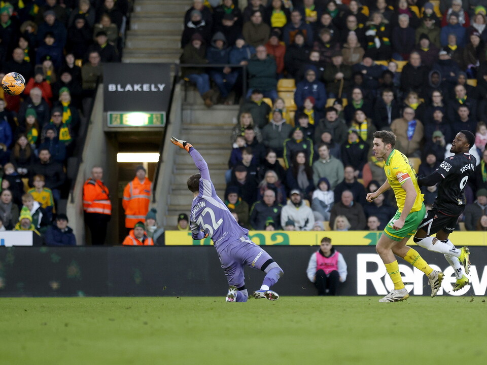 An image of Josh Maja scoring his goal against Norwich