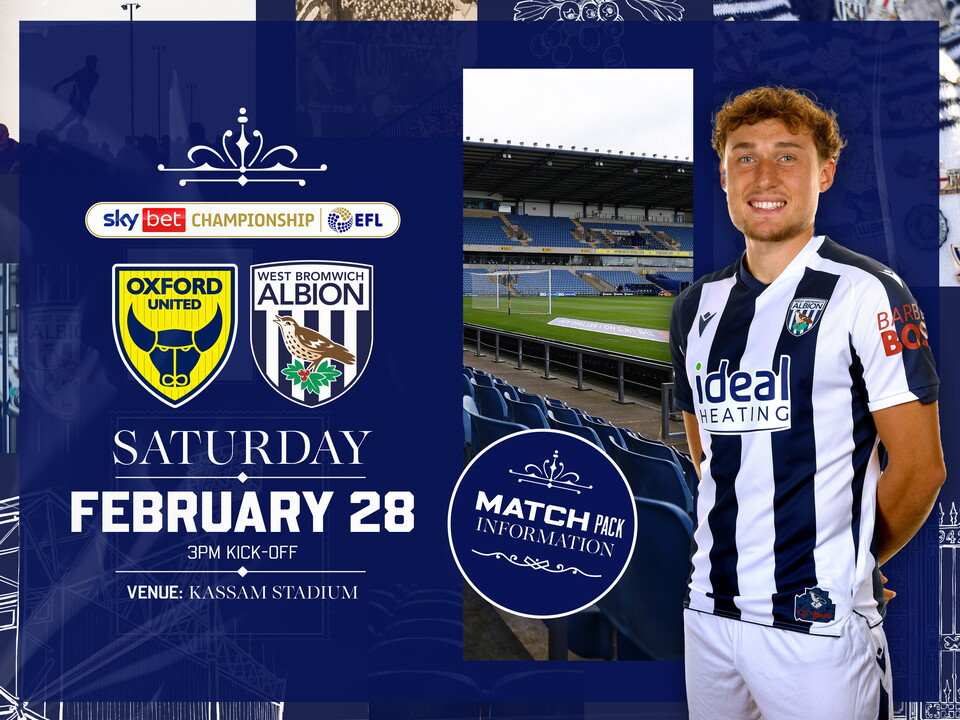 Home match pack graphic for Oxford away fixture with both club badges on, an image of the Kassam Stadium and an image of Callum Styles smiling at the camera while stood in the home kit 