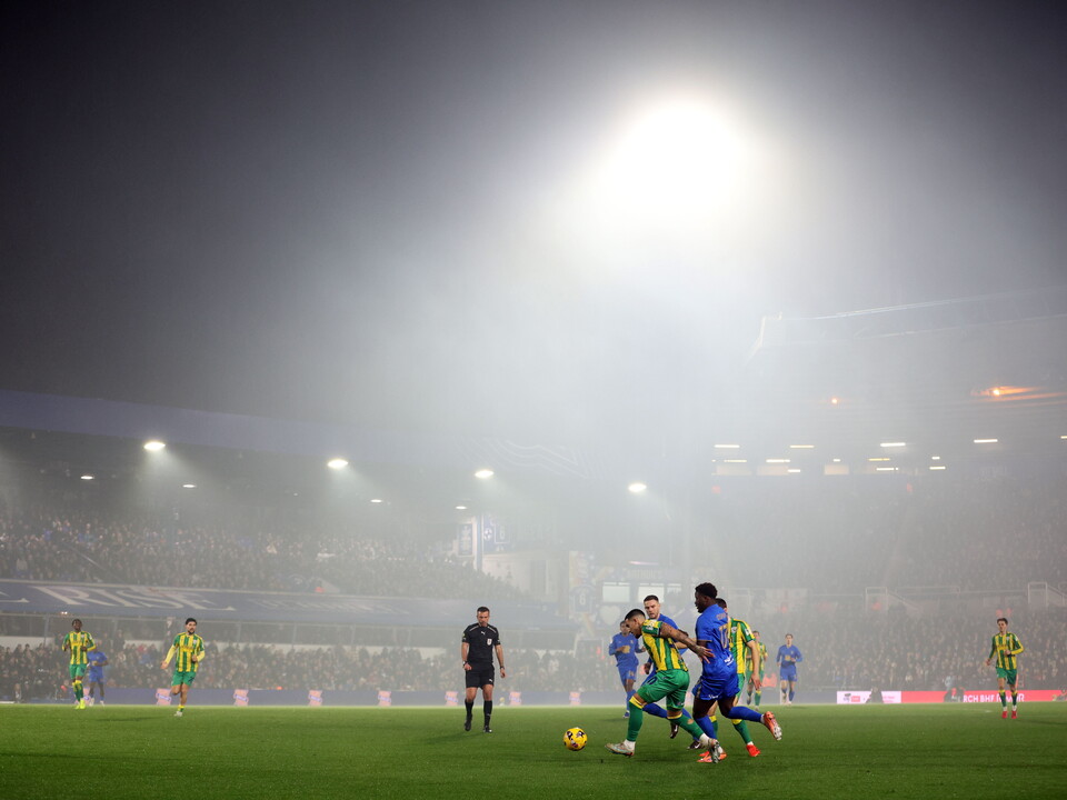 A general view of smoke above the pitch during the Birmingham v WBA game 