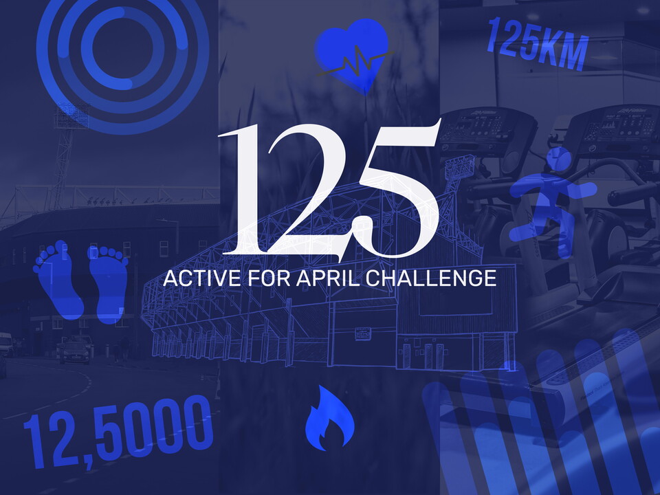 125 Active for April Challenge title on a blue background with fitness icons