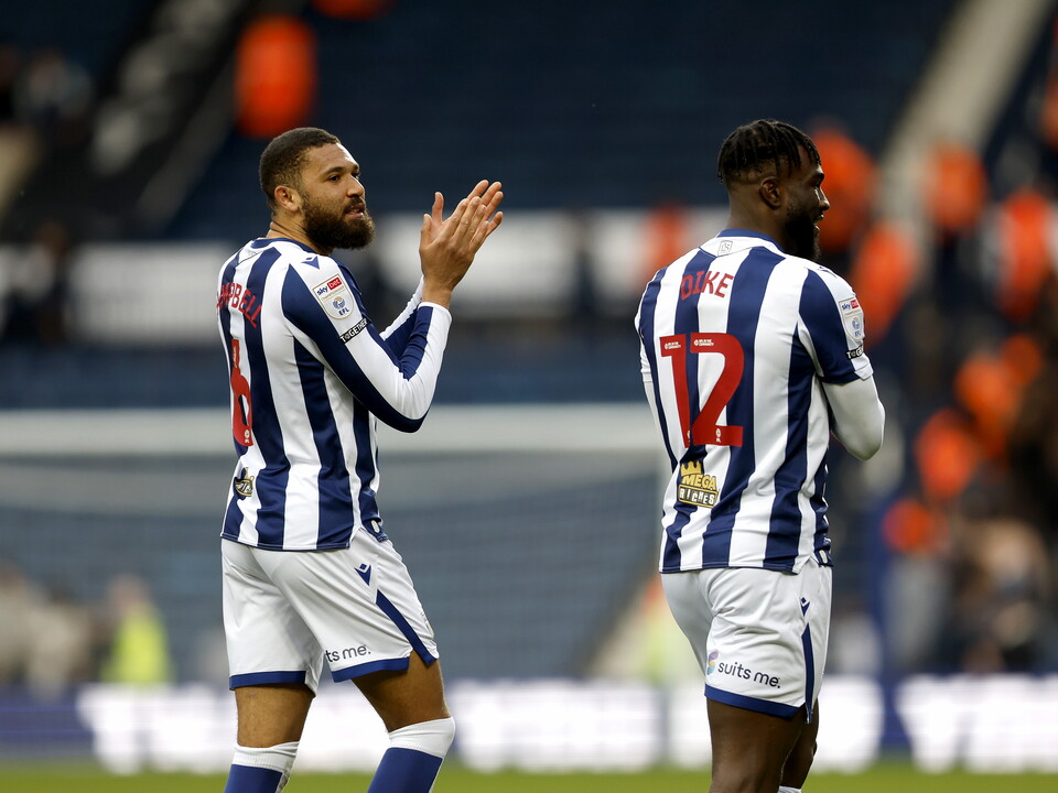 George Campbell & Daryl Dike applauding WBA fans after the win over Hull