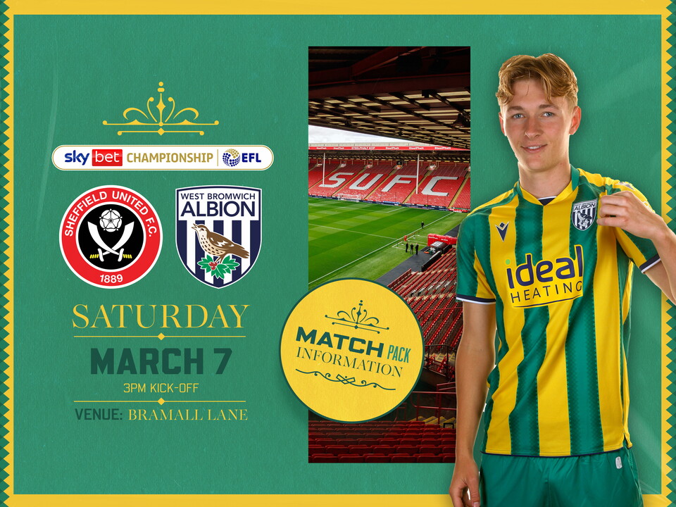 Away match pack graphic in green and yellow colours for Sheffield United game with both club badges on, an image of Bramall Lane and Ollie Bostock in the green and yellow kit smiling at the camera holding the badge 