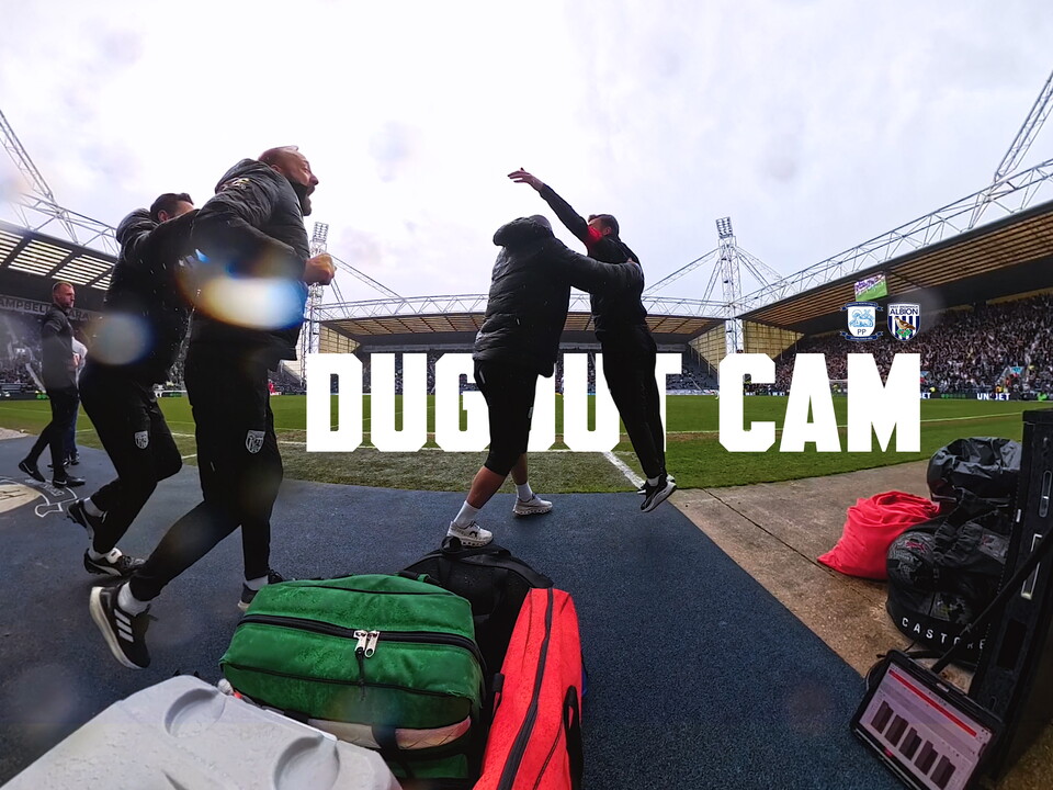 A frame of James Morrison and his coaching staff celebrating a goal at PNE with 'DUGOUT CAM' written on