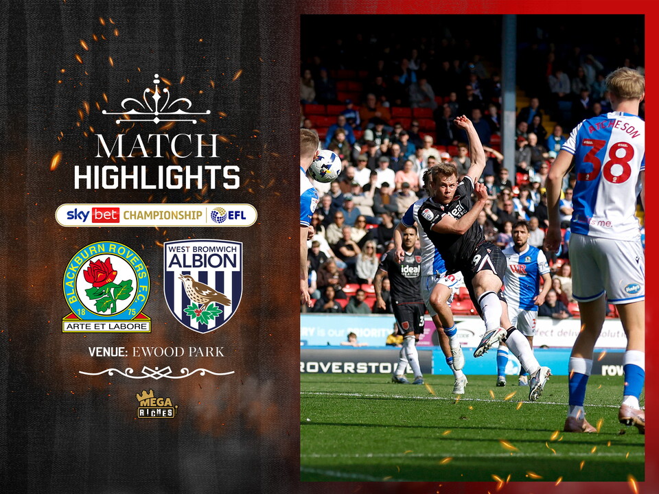 A match highlights graphic, in the 2025/26 black and red away colours, showing the badges of Blackburn and Albion