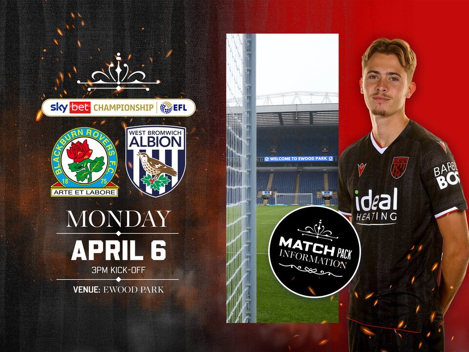 Away match pack graphic in black colours for Blackburn game with both club badges on, an image of Ewood Park and Isaac Price in the black kit smiling at the camera  