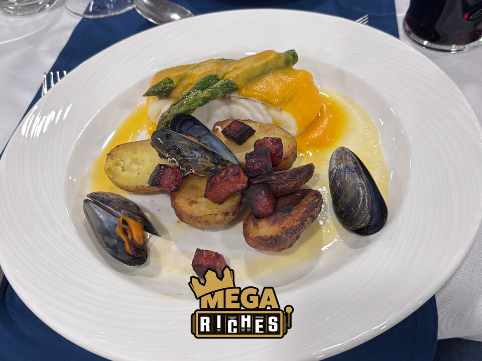 Photo of a dinner course with Mega Riches logo.
