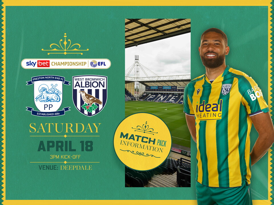 Away match pack graphic in green and yellow colours for Preston game with both club badges on, an image of Deepdale and George Campbell in the green and yellow kit smiling at the camera 