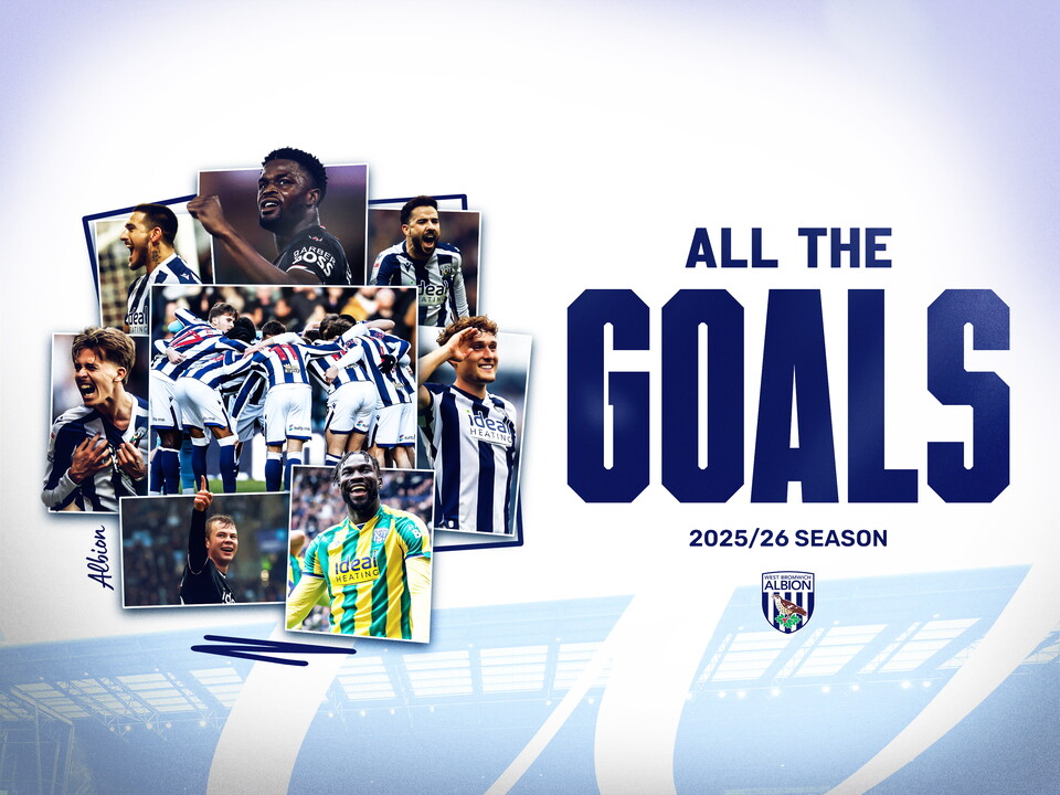 All the goals 2025/26 graphic with several images on of WBA players celebrating a goal in the 2025/26 kits