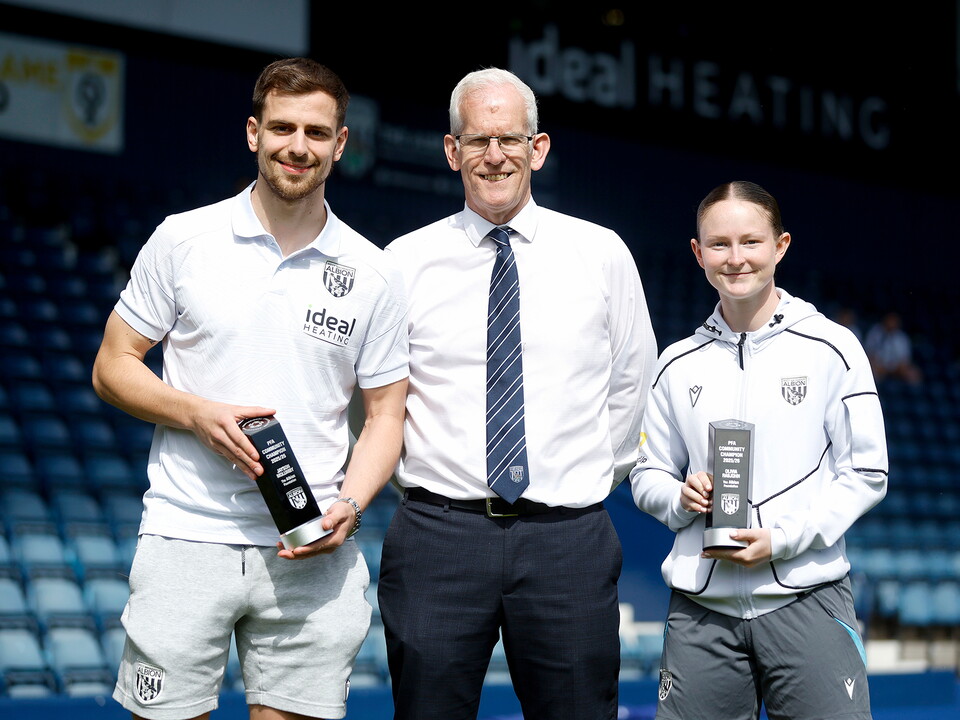 The Albion Foundation Director Rob Lake with Jayson Molumby & Olivia Rabjohn holding their PFA Community Champion Awards.