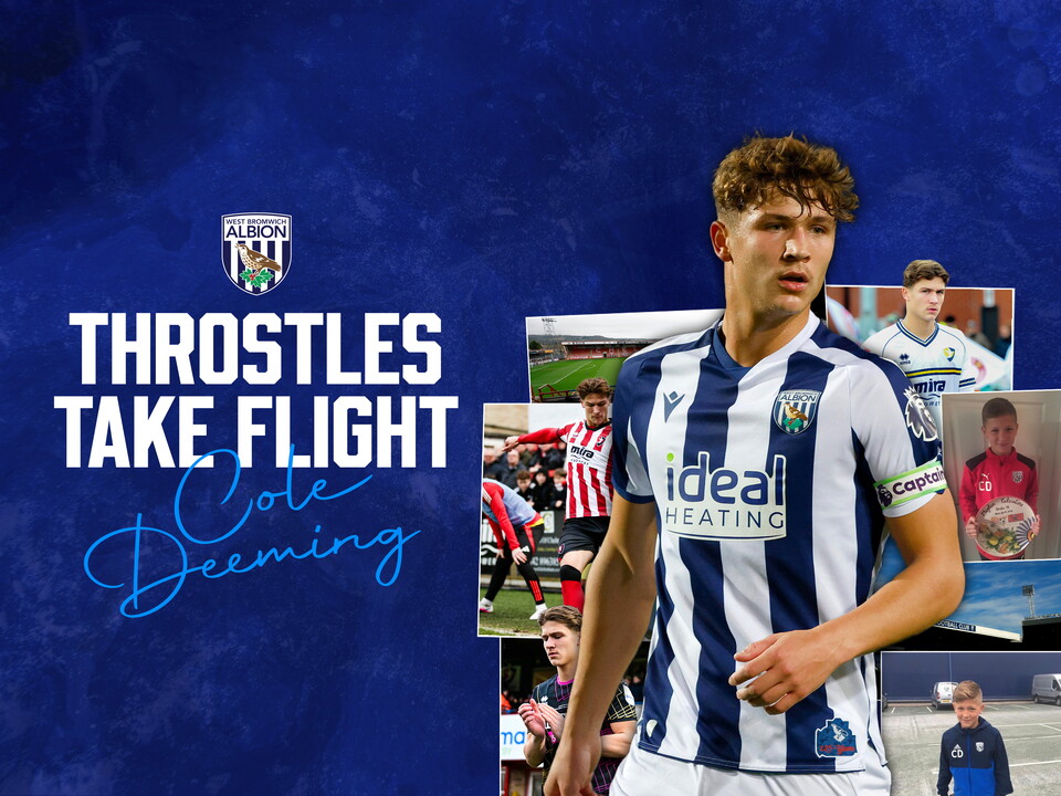 A graphic for a video feature starring academy graduate, Cole Deeming, reading: 'Throstles Take Flight | Cole Deeming'