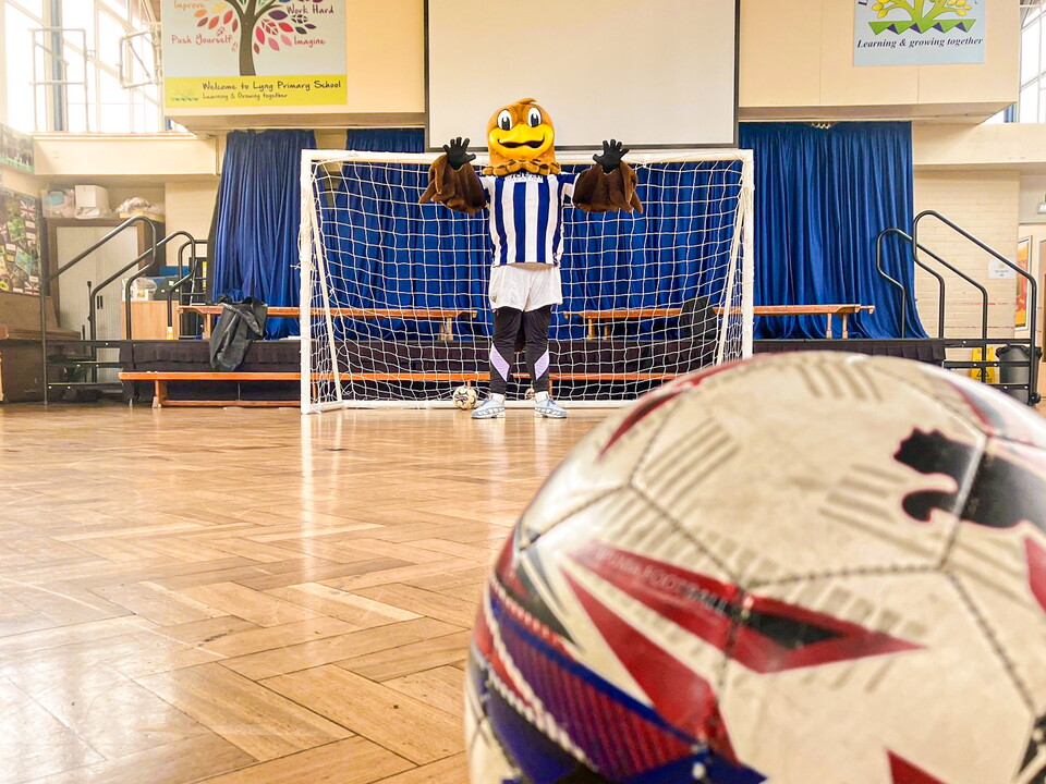 Baggie Bird in goal with a ball in the foreground