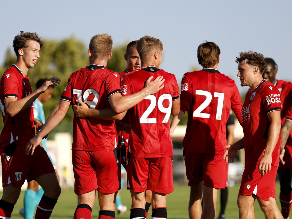 An image Albion celebrating Jimmy Jay Morgan's goal against Bromley