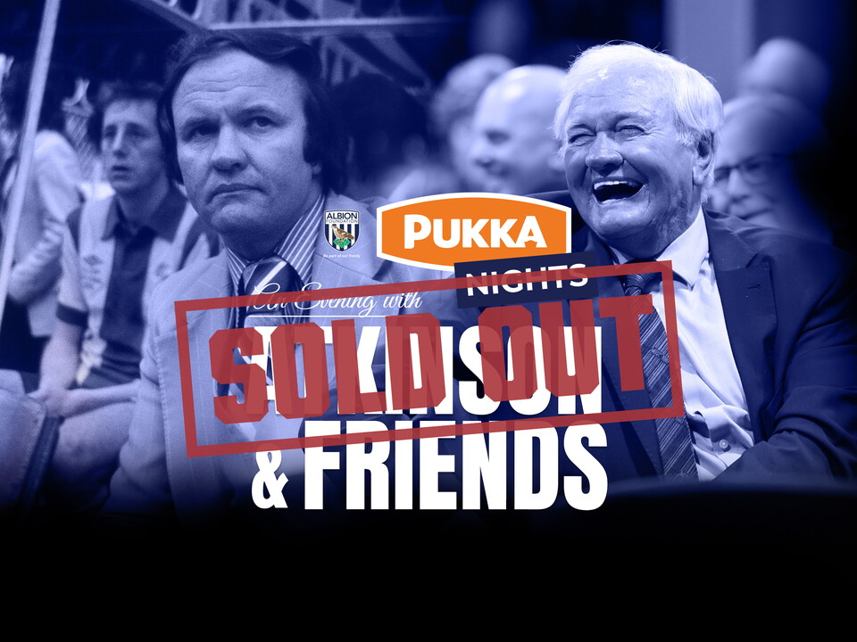 Promotional graphic for “Pukka Nights: An Evening with Solidsoul & Friends,” featuring two archival-style football crowd images with the Albion Foundation and Pukka logos displayed prominently. Sold Out text displayed.