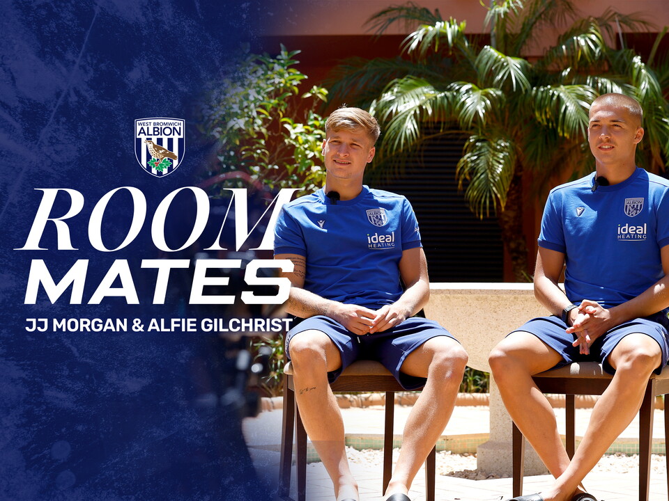 Roommates graphic with an image of JJ Morgan and Alfie Gilchrist sat side-by-side in chairs outside 