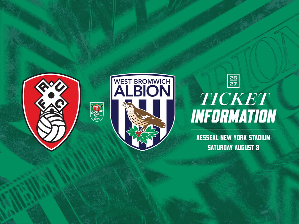 Ticket graphic for WBA's trip to Rotherham United in the Carabao Cup with both club badges on