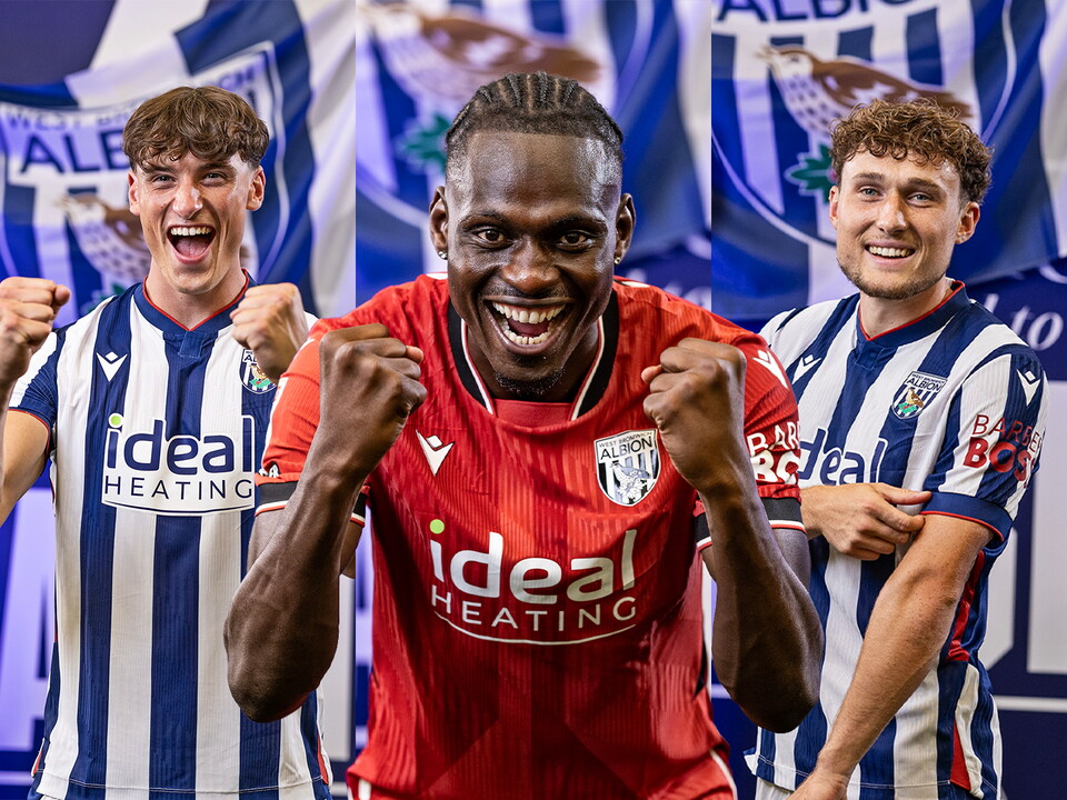 Barney Stewart in the home kit, Ousmane Diakité in the red away kit and Callum Styles in the home kit all smiling at the camera in front of a WBA-branded backdrop 