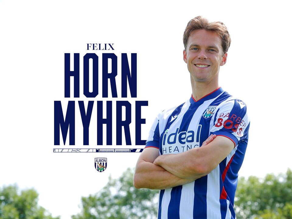 Felix Horn Myhre signing graphic with him stood in the home kit with his arms crossed