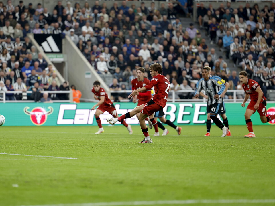 Isaac Price scores a penalty against Newcastle