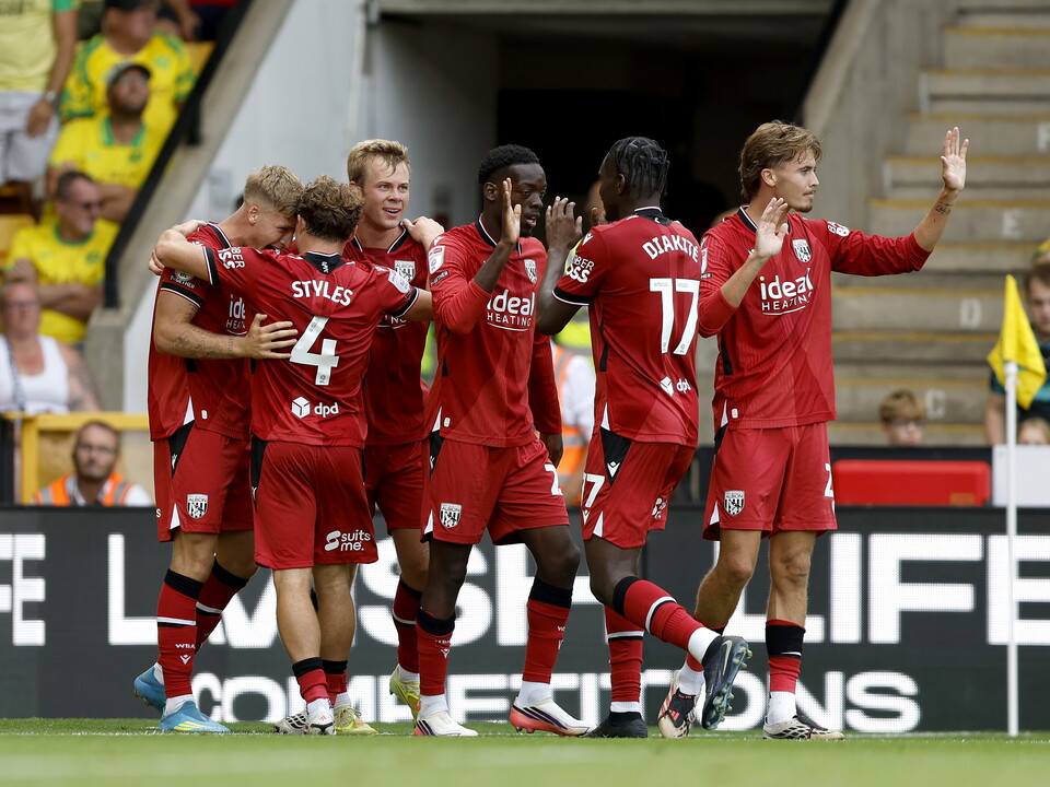 The team celebrate Aune Heggebo's opener at Carrow Road