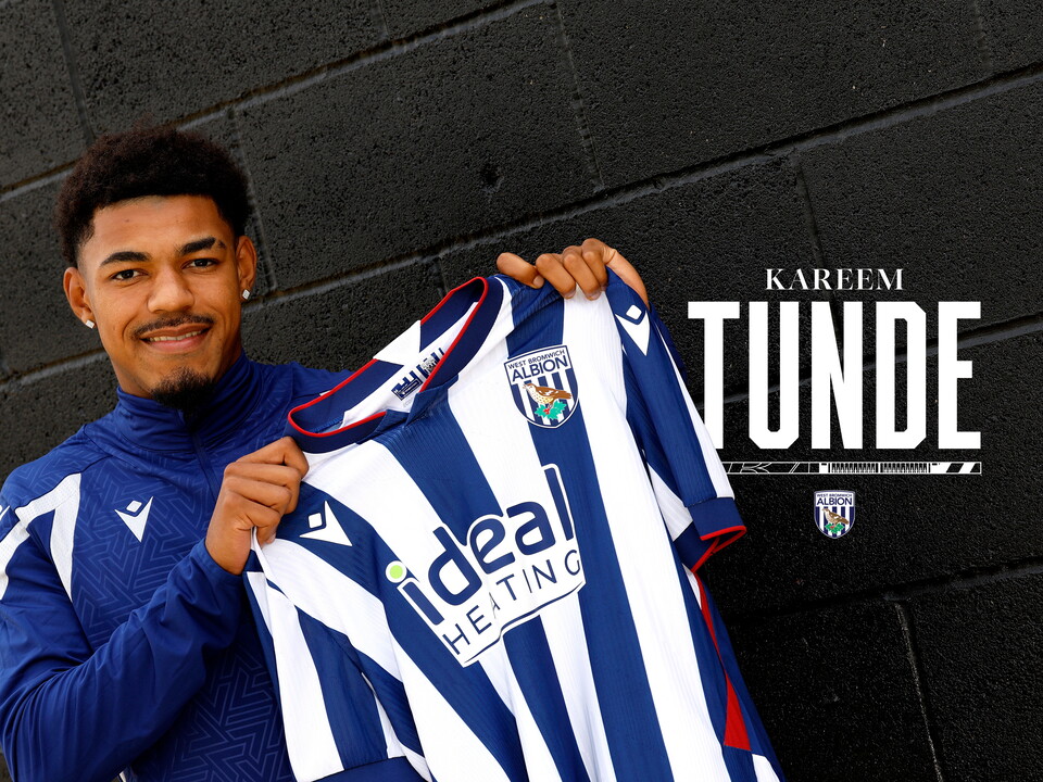 Kareem Tunde announcement graphic with him smiling at the camera while holding up a WBA home shirt