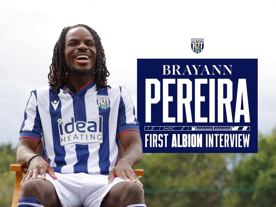 Brayann Pereira is interviewed by WBA TV while sat in the home kit 