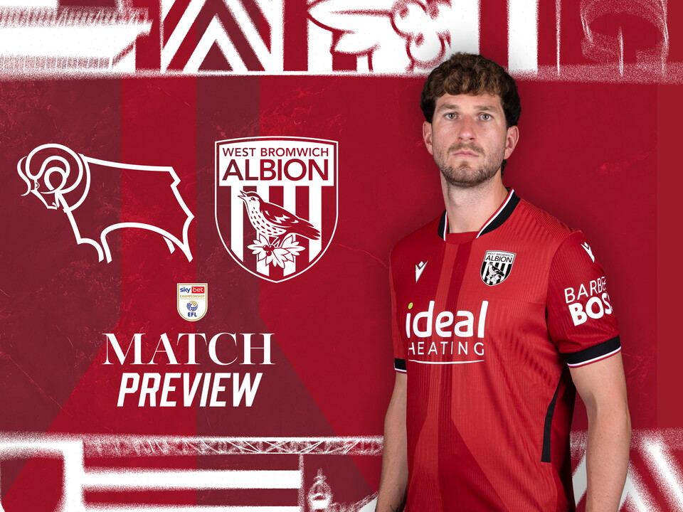 Away match preview for Derby County trip with both club badges and an image of Chris Mepham looking at the camera in the red shirt 